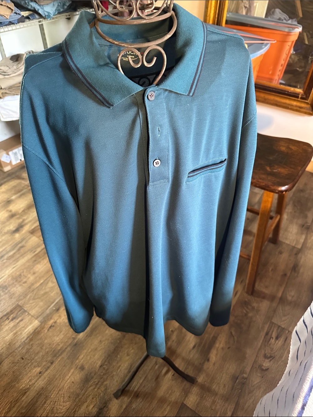 UNTUCKit Men's Teal Long-Sleeve Polo with Navy Contrast Trim